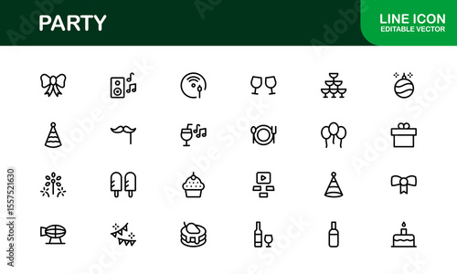 Festive Party Icons Pack in Minimal Line Art Style Showcasing Celebration, Food, Drinks, and Music