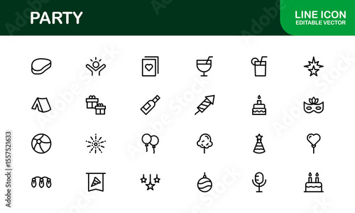 Festive Party Icons Pack in Minimal Line Art Style Showcasing Celebration, Food, Drinks, and Music