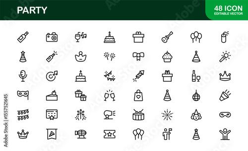 Festive Party Icons Pack in Minimal Line Art Style Showcasing Celebration, Food, Drinks, and Music
