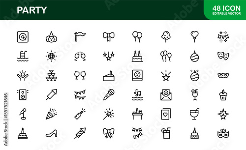 Festive Party Icons Pack in Minimal Line Art Style Showcasing Celebration, Food, Drinks, and Music