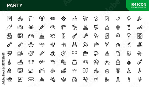 Festive Party Icons Pack in Minimal Line Art Style Showcasing Celebration, Food, Drinks, and Music