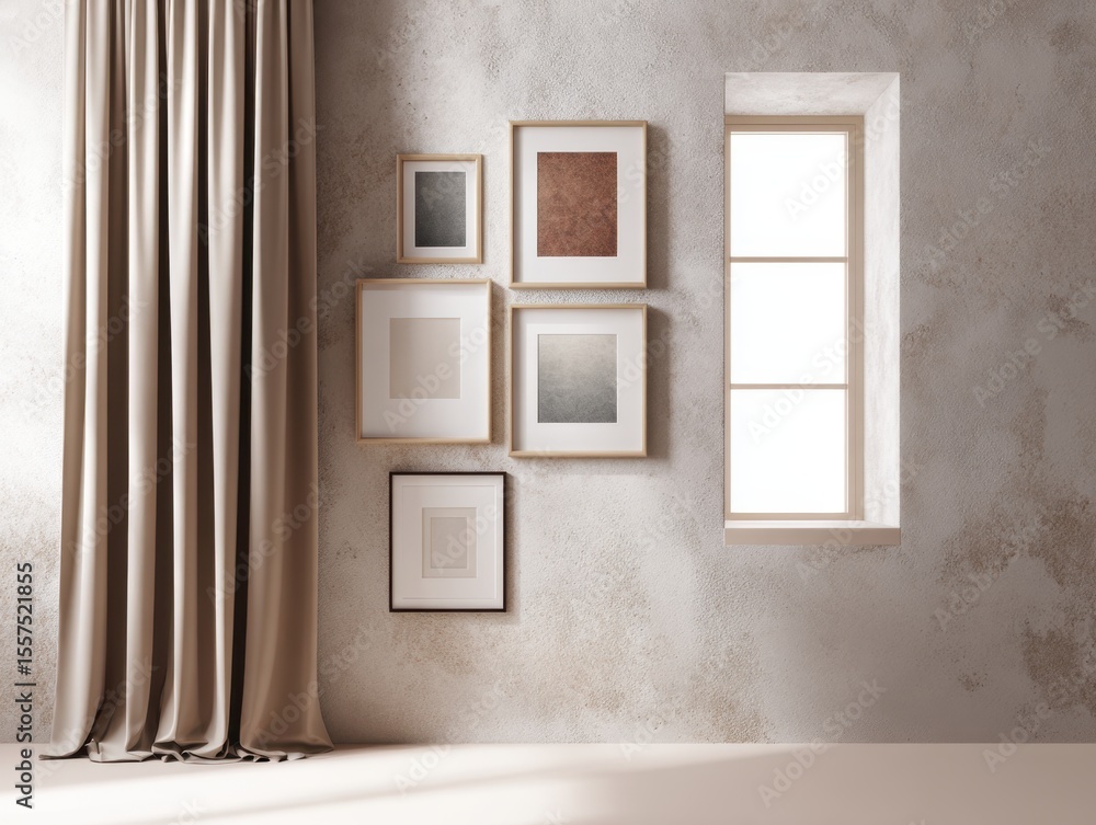 Fototapeta premium A window with a curtain in front of it. There are four pictures on the wall. The pictures are framed and are of different sizes