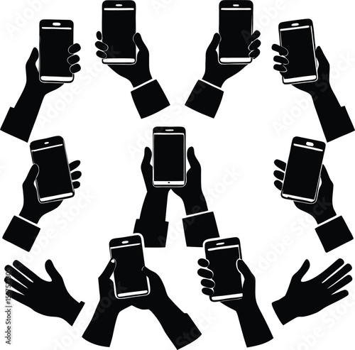 Collection of diverse hands holding smartphones in various poses and orientations against a clean white background