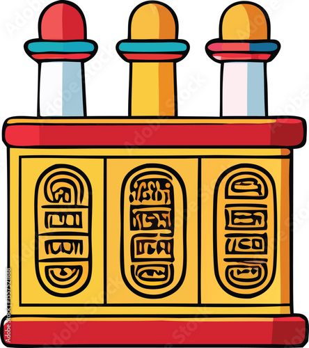 Stylized ancient egyptian hieroglyphic cartouches adorning a colorful three tiered monument with decorative finials