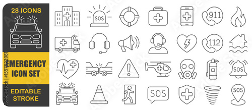 Emergency editable stroke line icon set. Simple minimal thin Emergency line icons collection. Related SOS, safety, alarm, ambulance, hospital warning. Vector illustration. Isolated on white background