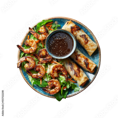 Grilled Shrimp and Spring Rolls with Dipping Sauce - Asian Cuisine