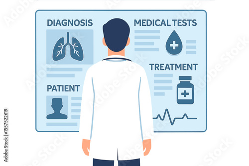 A male physician stands with his back to the viewer in front of a large data screen, conveying diagnosis, medical testing, and effective treatment through a dashboard displaying patient health