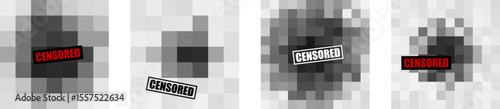 Censored Background Pattern Pixel Mosaic Blur Texture Set for Censor Content, Explicit Censorship, Adult Hiding, Anonymity Banner. Grey Tone Bar with Bright Typography Label. Vector Illustration