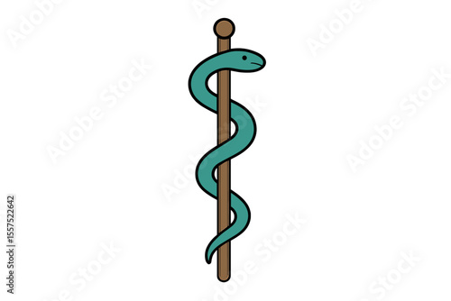 The Staff of Asclepius or Caduceus icon, featuring a snake coiled around a wooden staff, is depicted against a white background and also referred to as the Rod of Aesculapius