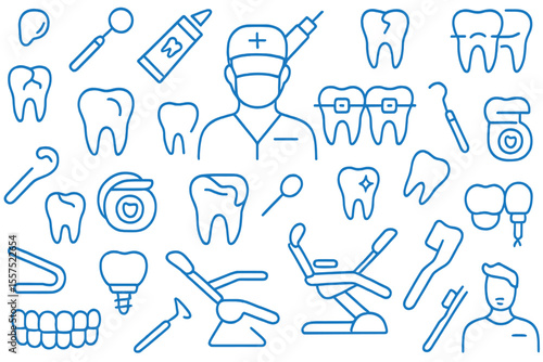 A seamless blue pattern featuring line icons for dentists and orthodontics, including dental care tools, medical equipment, braces, tooth prosthetics, floss, caries treatment options, and toothpaste
