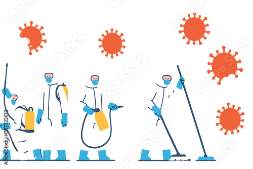 Medical researchers in protective gear sanitizing and disinfecting coronavirus cells representing the MERS-CoV epidemic and 2019-nCoV pandemic health threat with full length horizontal copy space