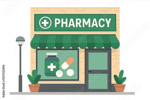 The exterior of a pharmacy in the city, where medications and tablets are sold