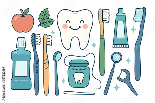 A large collection of oral hygiene tools, including an apple, mint, and smiling teeth, along with assorted toothbrushes, toothpaste, dental floss, and mouthwash, represents the concept of dental
