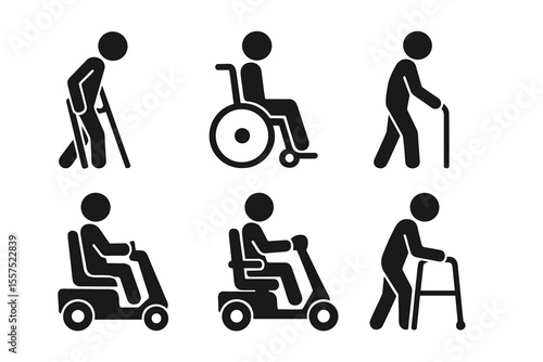 Mobility aids, including medical tools and equipment, are represented by stick figure pictogram icons, such as artwork signs and symbols showing a man walking with crutches, wheelchair, cane