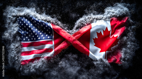 US-Canada flags intertwined, smoke, dark, partnership, graphic