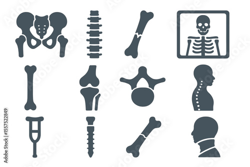 Vector icons for orthopedic and spine are depicted alongside illustrations of human bones and anatomy, including skeleton bone x-ray images