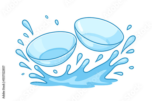 Realistic contact lenses for eyes in splashing water are depicted in a vector illustration, set against an ads template background