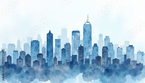 Abstract watercolor cityscape painting with ethereal blue urban buildings silhouette