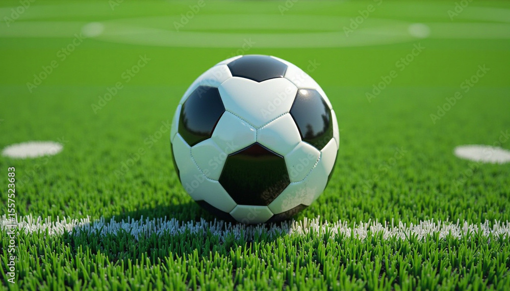 Fototapeta premium A meticulously crafted image of a soccer ball resting on a verdant green field