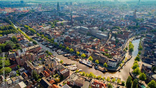 Aerial panorama view of the city Groningen in the Netherlands on a sunny morning in summer
