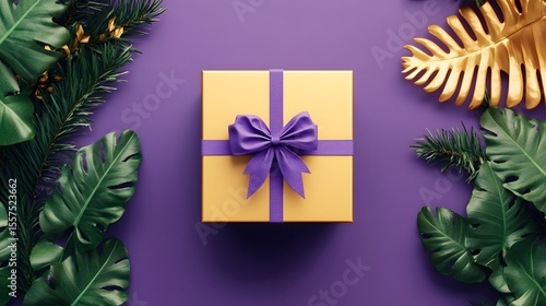 Luxury Gold Gift Box Purple Background Tropical Leaves