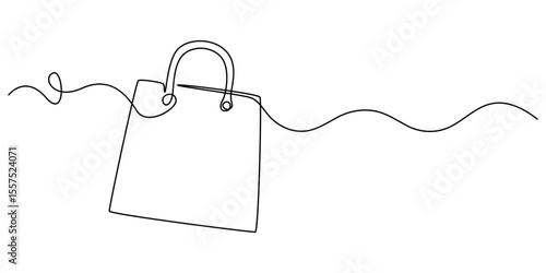 Shopping bag continuous one line drawing, Continuous one line drawing of a shopping bag in minimalist linear style, simple black sketch of paper package on white background, continuous one line draw