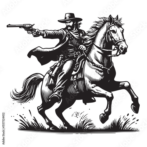 Wild west cowboy aiming his pistol on horseback action scene illustration
