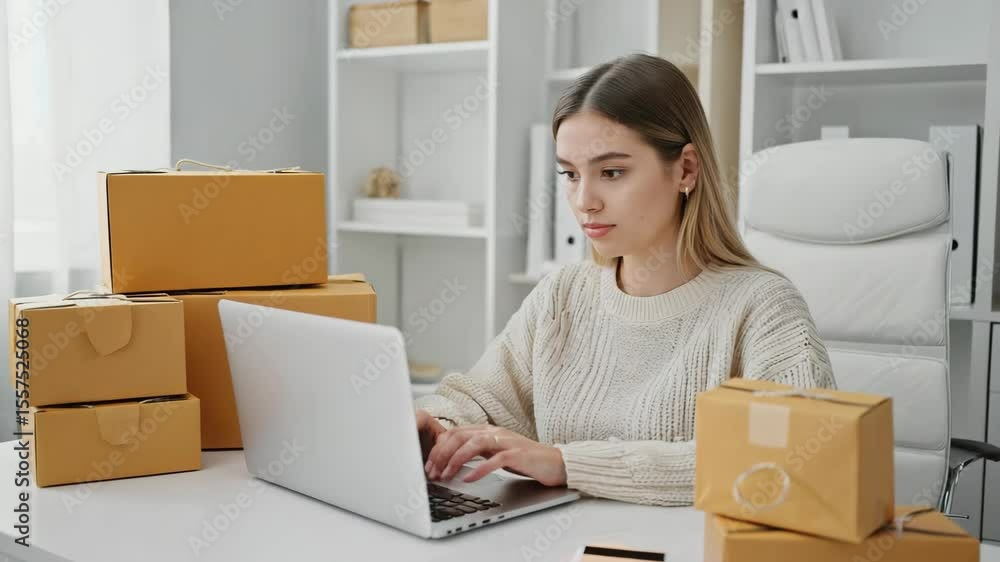 Woman working on a laptop at home with cardboard boxes nearby. Perfect for ecommerce, online business, remote work, small business, shipping, payment, and digital commerce visuals. Woman working on a laptop at home with cardboard boxes nearby. Perfect for ecommerce, online business, remote work, small business, shipping, payment, and digital commerce visuals.