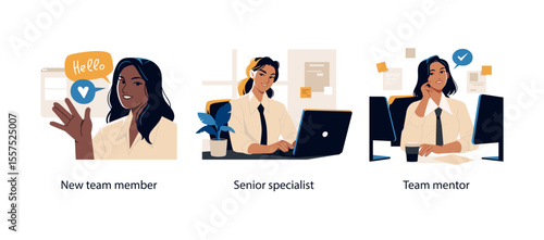 Three digital illustrations showing a new team member, a senior specialist at work, and an experienced mentor in a business setting.