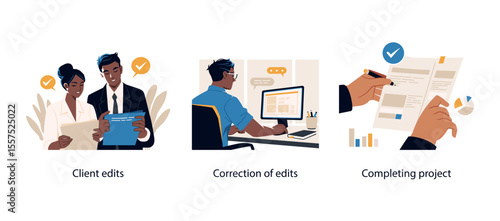 Three illustrations representing client feedback, edit revisions, and finalizing a business project in a professional digital workspace.