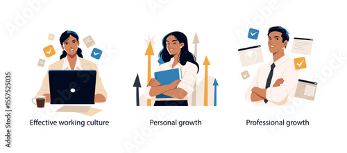 Three illustrations showing effective work culture, personal development, and professional career growth in a business environment.