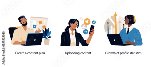 Three illustrations showing the stages of content marketing: planning a schedule, uploading content, and analyzing social media growth statistics.