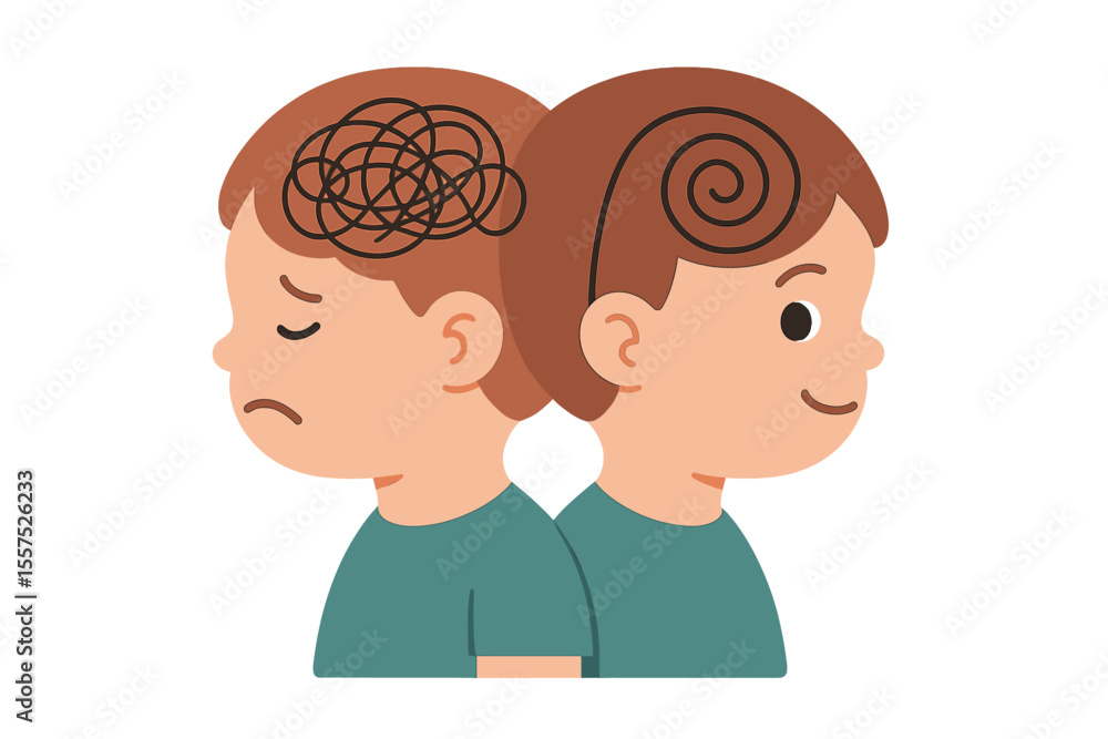Fototapeta premium A child, kid, or baby with bipolar disorder has a mind that can be described as having a double face, split personality, and mood disorder, often represented by 2 head silhouettes in psychology
