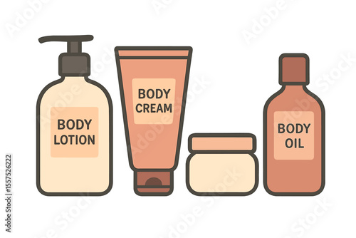 Beauty items for the body are positioned on a white backdrop in a 3D illustration