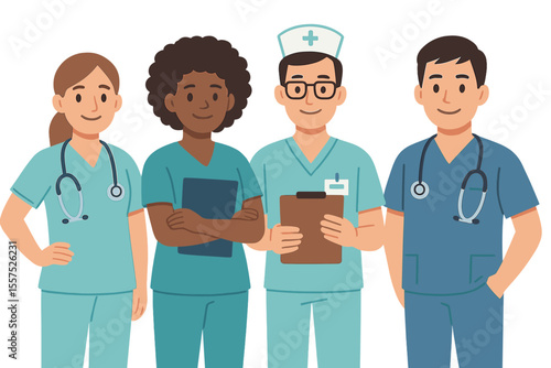 Nurse characters are grouped together in a medical team isolated vector illustration