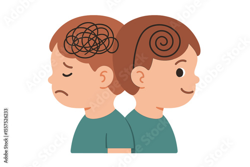 A child, kid, or baby with bipolar disorder has a mind that can be described as having a double face, split personality, and mood disorder, often represented by 2 head silhouettes in psychology