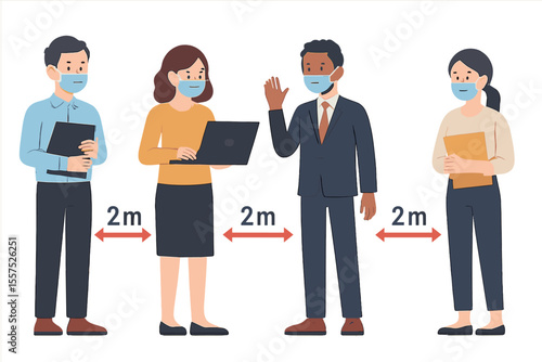 Illustration of people at work following the social distancing concept to prevent coronavirus, in vector format