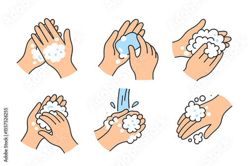 Vector illustration of hand washing instructions with soap and foam in water, showcasing a set of healthy skincare habits with antibacterial properties, isolated on a white background with bubbles