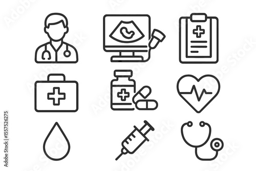 This collection includes a variety of medical vector line icons, including a doctor, ultrasound, case history, and others, all with editable strokes and a 48x48 pixel perfect design