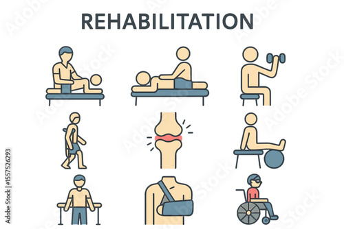 Vector sketches and logo illustrations of a rehabilitation line icon set are included in this therapy symbols collection, which features physiotherapy signs and linear pictograms isolated on a white