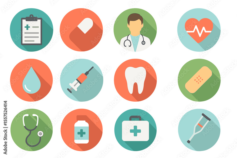 Fototapeta premium Medical and Health Care Long Shadow Flat Icons Set 02’ is rephrased as Medical and Healthcare Long Shadow Flat Icons Collection