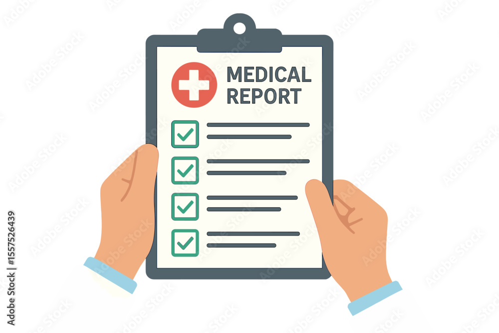 A physician's hands grasp a clipboard containing a checklist for a medical report, illustrated in a flat design style A physician's hands grasp a clipboard containing a checklist for a medical report, illustrated in a flat design style