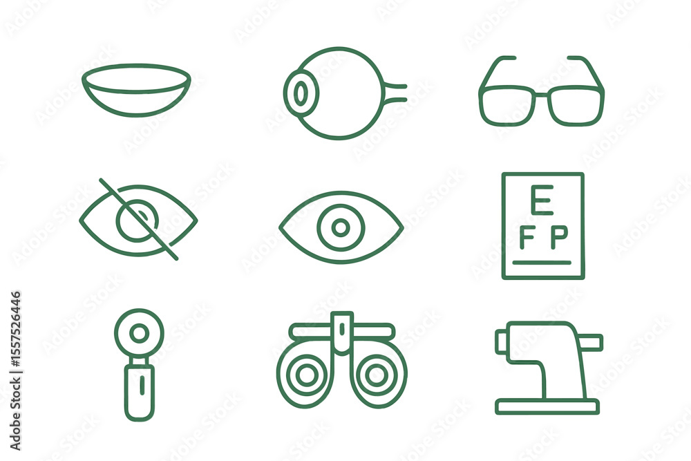 Fototapeta premium Vector illustration of ophthalmology line icons, including contact lens, eyeball, glasses, blindness, and eye check, in green color with editable stroke