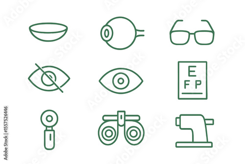 Vector illustration of ophthalmology line icons, including contact lens, eyeball, glasses, blindness, and eye check, in green color with editable stroke