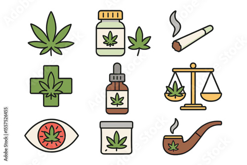 Vector illustration of marijuana icons on a white background, representing medical cannabis and drug consumption in the context of legalization