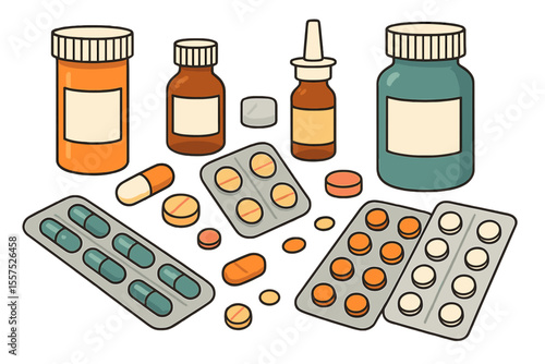 Various healthcare items including medicaments, drugs, pills, and bottles are depicted in a flat vector illustration on a white background