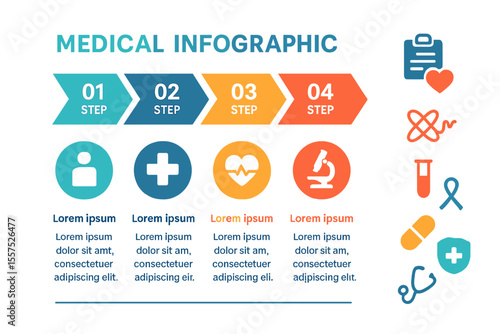 This vector design template features medical infographic elements and data visualization, suitable for illustrating steps, options, workflow, diagrams, flowcharts, timelines, and healthcare icons, as
