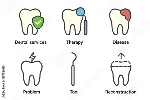 A set of vector graphics is available, featuring icons in various styles, including flat, contour, thin, and linear designs, which represent dental services, therapy, diseases, problems, tools, and