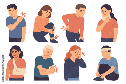 A collection of flat vector illustrations depicting people with injuries and aches, including men and women experiencing pain, is available, showcasing patients with various medical conditions, first