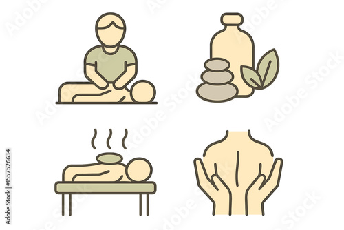 A set of vector graphics is available, featuring isolated icons in various styles, including flat, contour, thin, minimal, and linear designs, particularly for a massage logo related to beauty